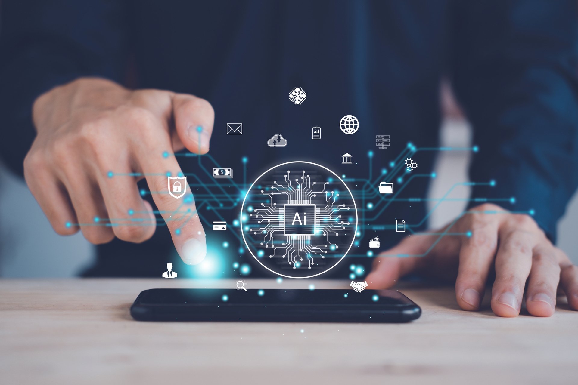man hands playing with floating icons above a smartphone